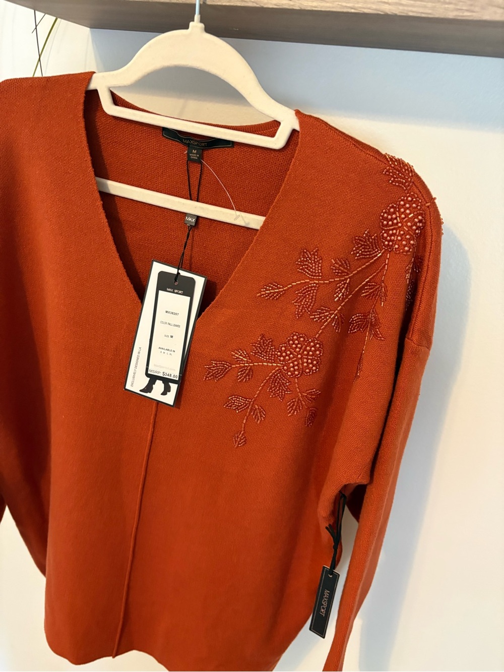 Maxsport long -Sleeve V-Neck Embellished Sweater - Rust beaded
